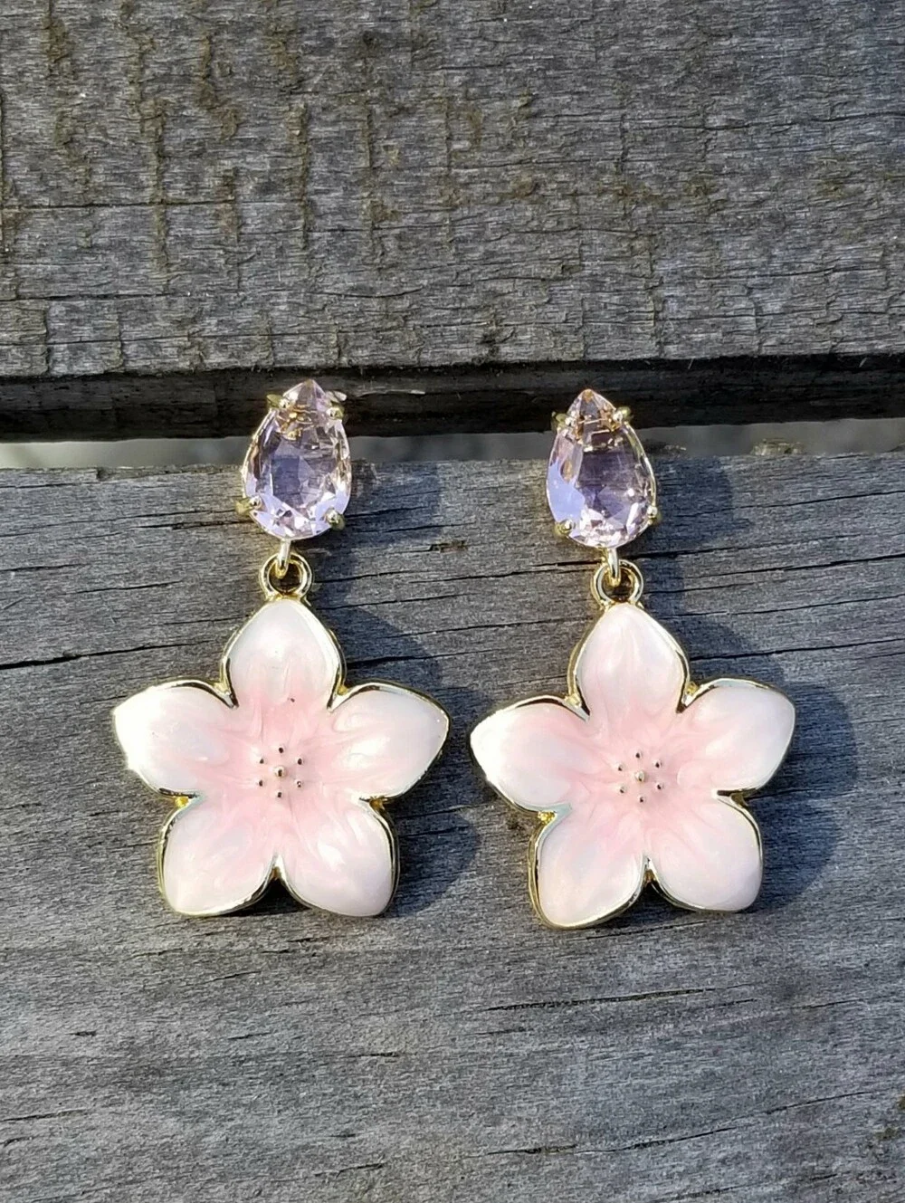 14k Gold Pink Tourmaline Floral Stud Earrings, Pink Flower Dangle Earrings